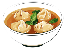 Four dumplings with greens are served in a white bowl of broth png