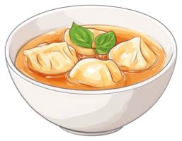A bowl filled with dumplings and a delicious savory broth png