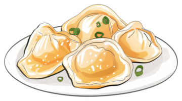 Delicious dumplings resting on a white porcelain plate ready to eat png