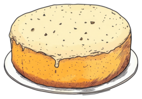 A round cake with frosting sits on a white plate png