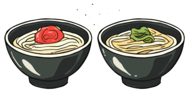 Two bowls of noodles served with different toppings are shown png