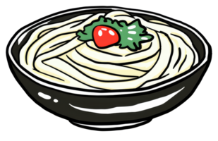 A bowl filled with noodles garnished with red and green vegetables png