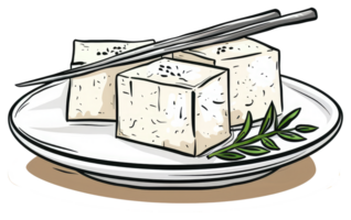 Cubed Tofu Served on a Plate with Chopsticks and Garnishing png