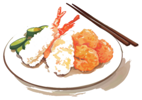 A plate of various fried foods served with chopsticks png