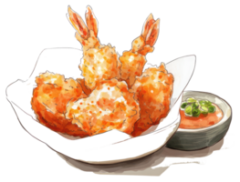 Several pieces of crispy fried shrimp presented in a bowl with sauce png