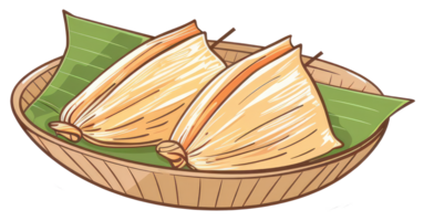 Two wrapped food items are placed on a woven serving plate png