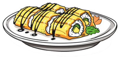 Delicious sushi rolls with toppings displayed on a white plate png
