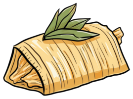 A single illustrated tamale wrapped in a corn husk with leaves png