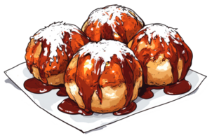 Four baked treats with syrup and powdered sugar on a paper png
