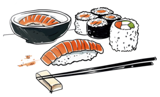 A colorful depiction of various types of sushi and chopsticks png
