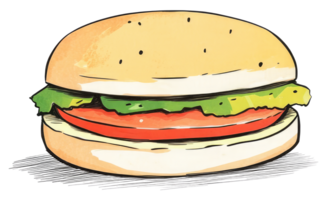 A colorful artistic rendering of a delicious looking hamburger sandwich png