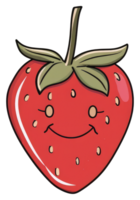 A smiling red strawberry fruit with green leaves and stem png