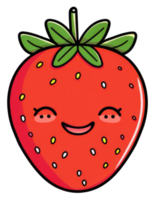 A smiling cartoon strawberry with green leaves and small seeds png