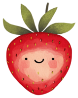 A smiling strawberry fruit with green leaves and cheerful expression png