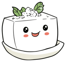 Smiling block of tofu with decorative topping on a plate png