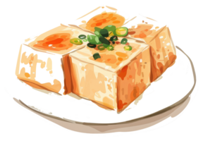 Appetizing Serving Of Tofu Cubes With Green Herb Garnish png