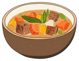 A ceramic bowl of delicious stew with vegetables and meat png