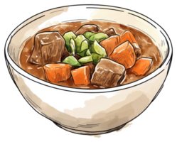 Delicious stew containing chunks of beef carrots and leafy greens is served png