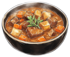 A black bowl filled with hearty stew and garnish png
