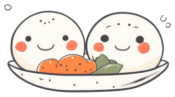 Two smiling cartoon food items in a decorative serving dish png