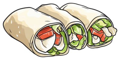 Three hand drawn wraps with vegetables are arranged together png