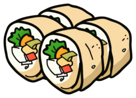 A collection of illustrated sushi rolls with various ingredients shown png
