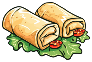 Two rolled food items are displayed with lettuce and tomatoes png
