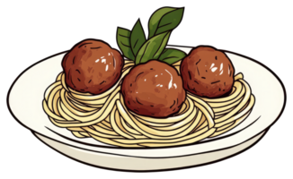 Spaghetti with meatballs and fresh basil leaves on a plate png
