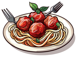A delicious plate of spaghetti with tasty meatballs and basil png
