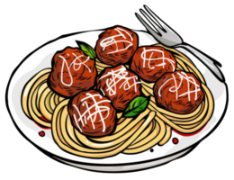 Plate of spaghetti with meatballs and a shiny metal fork present png