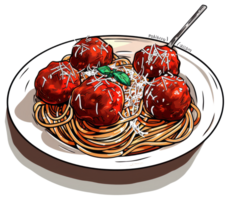 A colorful plate of spaghetti with meatballs and cheese shown png