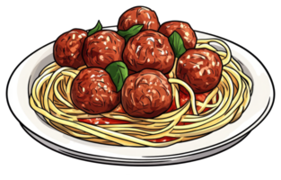 Plate of spaghetti and meatballs garnished with basil leaves png