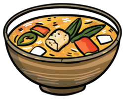 A steaming bowl of soup with vegetables and tofu in it png