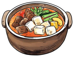 A Hearty Stew Cooked in a Rustic Brown Earthenware Pot png