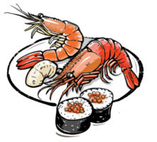Artistic depiction of seafood and sushi presented on a plate png