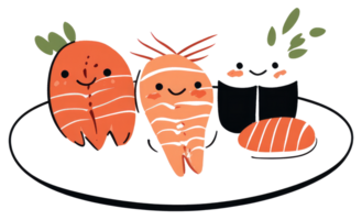 Cartoon Sushi and Vegetable Characters Displayed on a Round Dish png