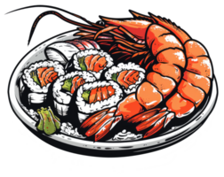 A plate of sushi and shrimp artistically illustrated and served png