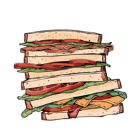 A layered sandwich featuring multiple ingredients stacked on top of each other png
