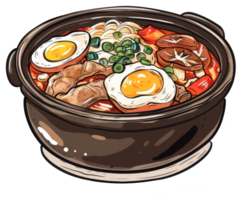 A delicious bowl of ramen noodles with various colorful toppings png