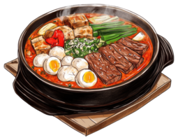 Delicious hot stew with various ingredients served in a pot png