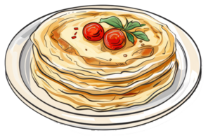 Stacked pancakes served on a white plate with fresh tomato garnish png