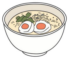 A bowl of ramen noodles with eggs and seaweed in it png