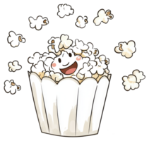 Smiling cartoon popcorn overflowing from a white paper container png