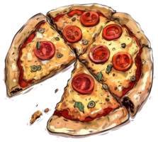 An appetizing depiction of a sliced tomato and olive topped pizza png