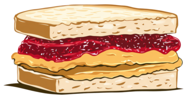 Delicious sandwich comprising of peanut butter and red jam fillings between bread png