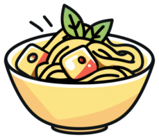 A bowl of noodles with toppings and some fresh basil leaves png