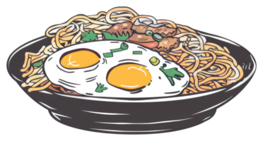 Delicious Bowl Of Noodles Served With Fried Eggs And Meat png