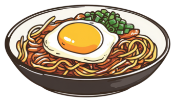 A Bowl Of Noodles Topped With Fried Egg And Garnish png