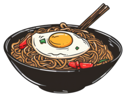 A black bowl of noodles with an egg and chopsticks png