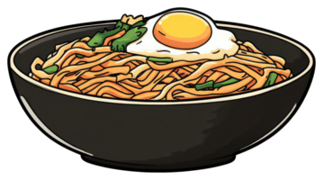 Delicious bowl of noodles topped with fried egg and greens png